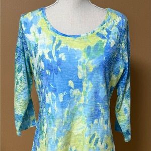 Coldwater Creek Blue, lime and Yellow 3/4 Sleeve Lined Top